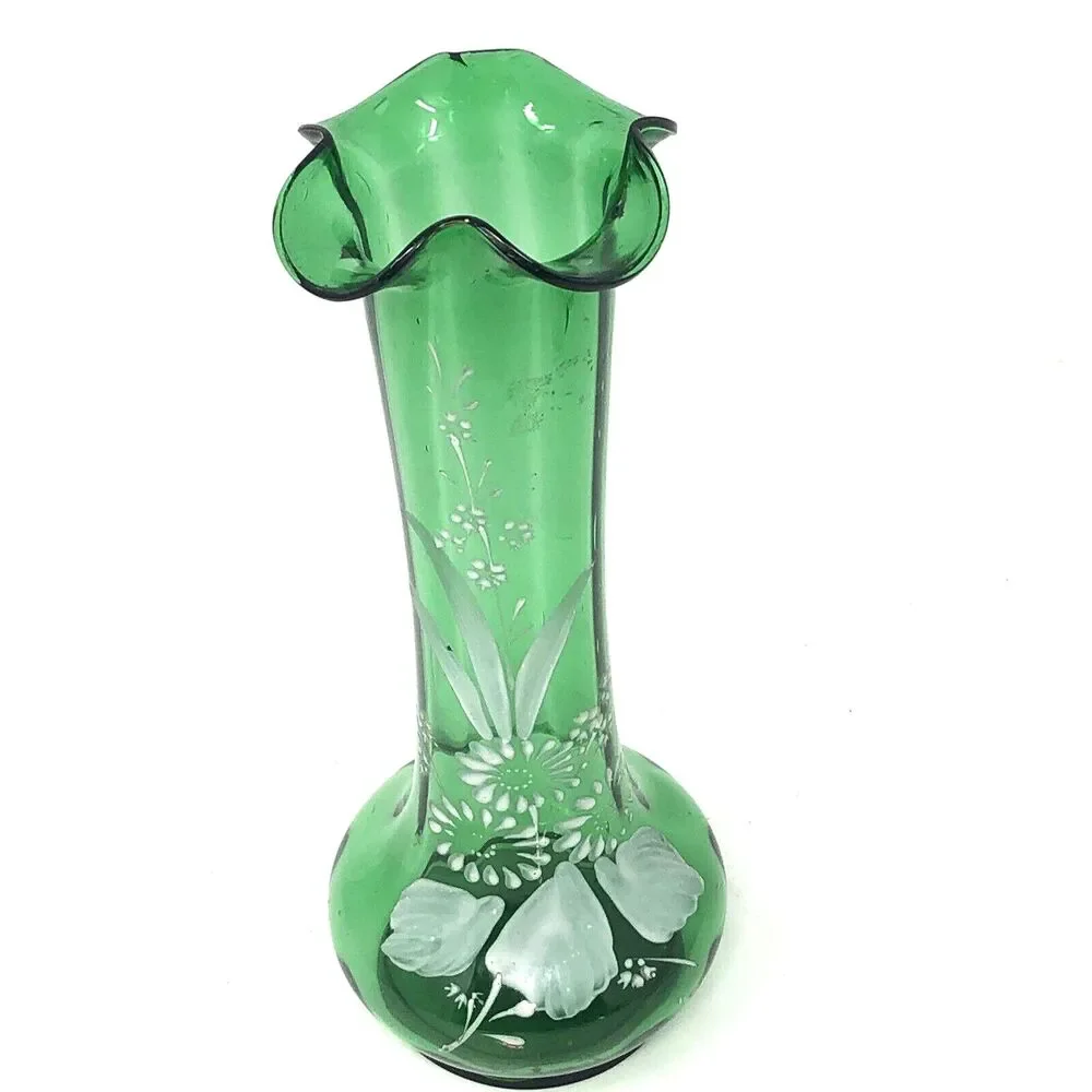 Bohemian Hand Enameled Ruffle Top Vase VTG Hand Blown Paintet Emerald Snow Glass